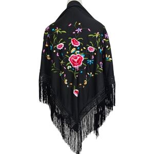 Floral Embroidered Black Shawl with Fringe